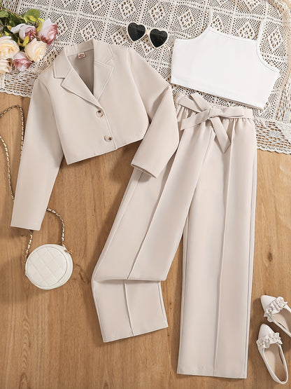 Conjunto elegante de otoño para niña de 3 piezas: blazer corto de poliéster con cinturón, camisola sin mangas, pantalón recto, corte entallado, color liso, ideal para primavera/otoño.