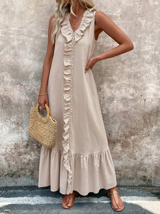 Elegant Beige V-Neck Sleeveless Dress with Ruffle Detail - Casual Polyester, A-Line Flare, Machine Washable for Spring/Summer