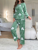 [Home Relaxation] Cozy & Warm Women's Fleece Pajama Set in Green with White Cartoon Rabbit Pattern - Soft Polyester, Anti-Static, Machine Washable - Elegant Home Loungewear with Round Neck Top & Pants for Fall/Winter, Plus Si