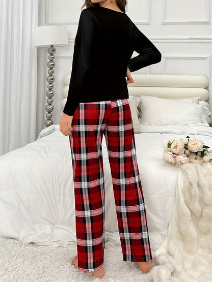 Autumn and Winter Ladies' Pajamas with Long Sleeves and Pants, Tops with Pockets, Plaid Pants, Trousers with Plaid and Printed Patterns, Spring, Summer, Autumn and Winter Casual Home Clothes Set