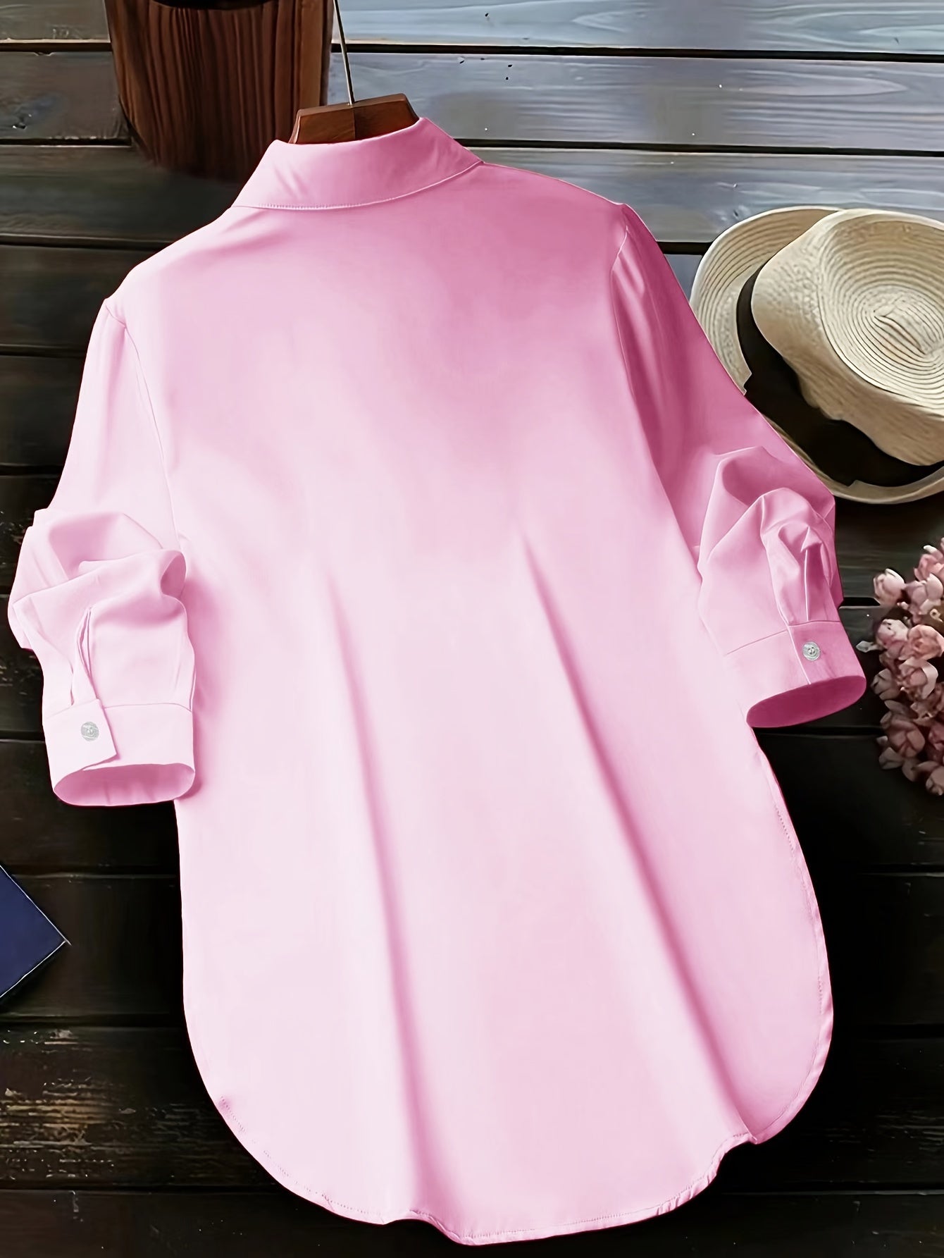 Blusa de talla grande con dobladillo curvo, informal, con cuello abotonado para primavera, ropa de talla grande para mujer.