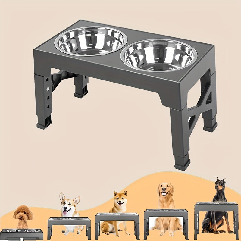 Comederos elevados ajustables para perros pequeños, medianos y grandes. Incluye dos comederos de acero inoxidable para comida y agua. Favorecen una mejor digestión y una mejor postura.
