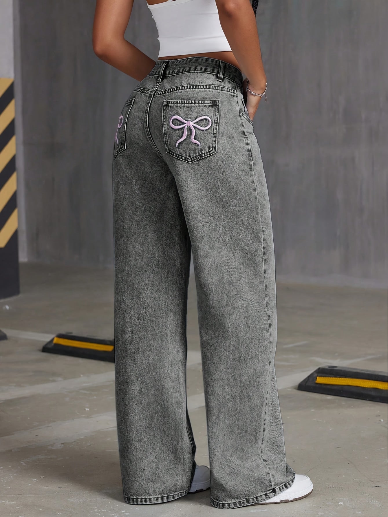 HEY+JEANS Girls' Fashion Denim Jeans, Long Loose Fit, Adjustable Waist, Wide Leg, Butterfly Embroidery, Non-Stretch, Seasonal, Zipper Closure, Youth Casual Pants