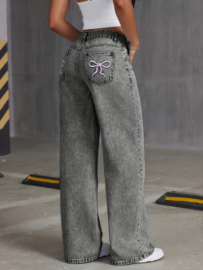 Jeans de mezclilla de moda para niñas HEY+JEANS, corte holgado largo, cintura ajustable, pierna ancha, bordado de mariposa, sin elasticidad, de temporada, cierre de cremallera, pantalones casuales juveniles.