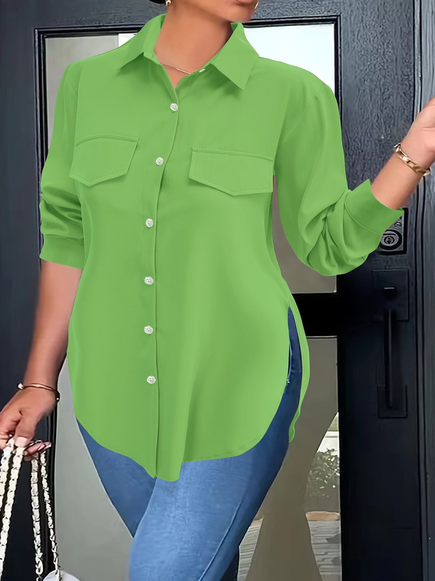 Blusa de talla grande con dobladillo curvo, informal, con cuello abotonado para primavera, ropa de talla grande para mujer.