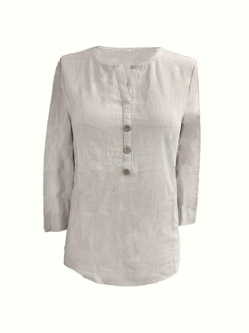 V-Neck Button-Up Top - Loose Fit Solid Color Pullover, Fashionable Casual V-Neck Shirt for Women, Relaxed Fit, Non-Stretch Cotton Linen Blouse