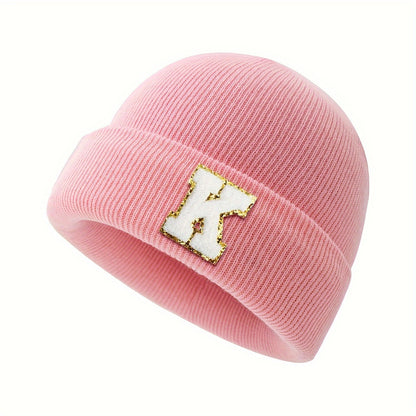 1pc Children's Knitted Hat with 26 Alphabet Letters, Pink Acrylic Stretchable Cap for Toddlers, Hand Washable, Breathable, Daily & Casual Wear, Perfect for Birthday Occasion