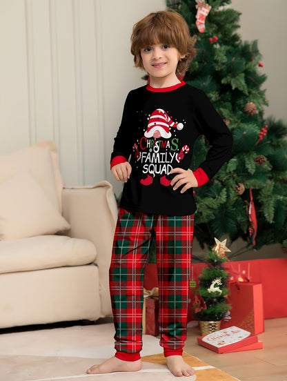 Cozy Youngsters' Christmas Pajama Set - Flame Retardant, Santa Hat & Mini Print, Long Sleeve Black Top with Red Plaid Pants, Cozy Loose Fit for Fall/Winter