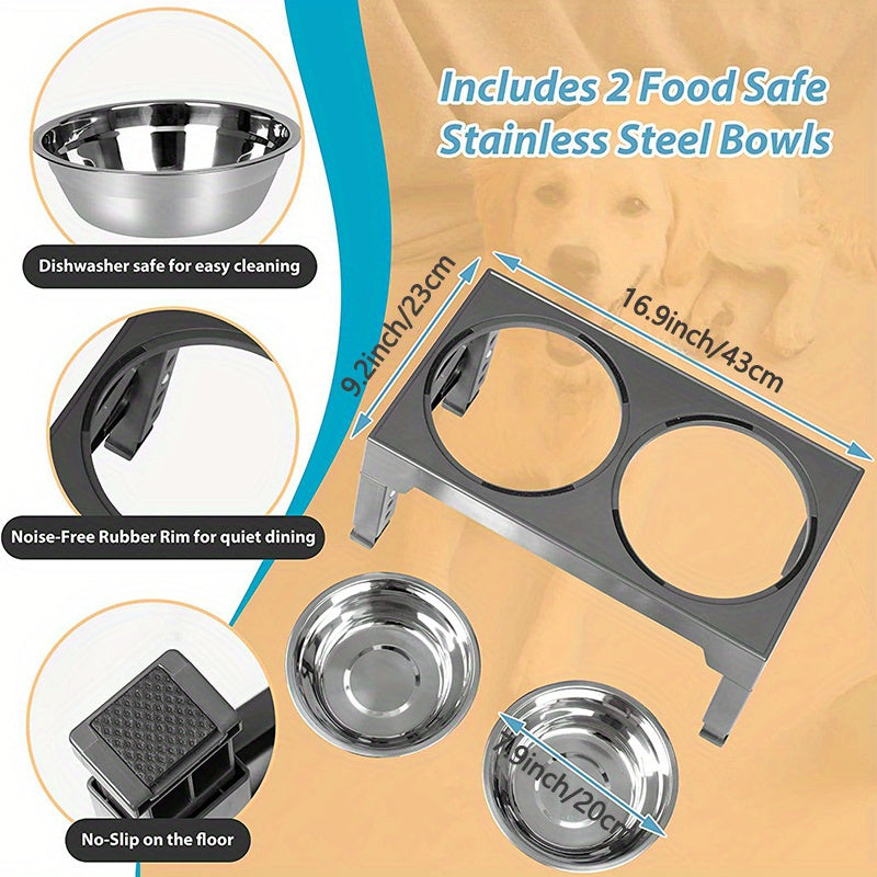 Comederos elevados ajustables para perros pequeños, medianos y grandes. Incluye dos comederos de acero inoxidable para comida y agua. Favorecen una mejor digestión y una mejor postura.