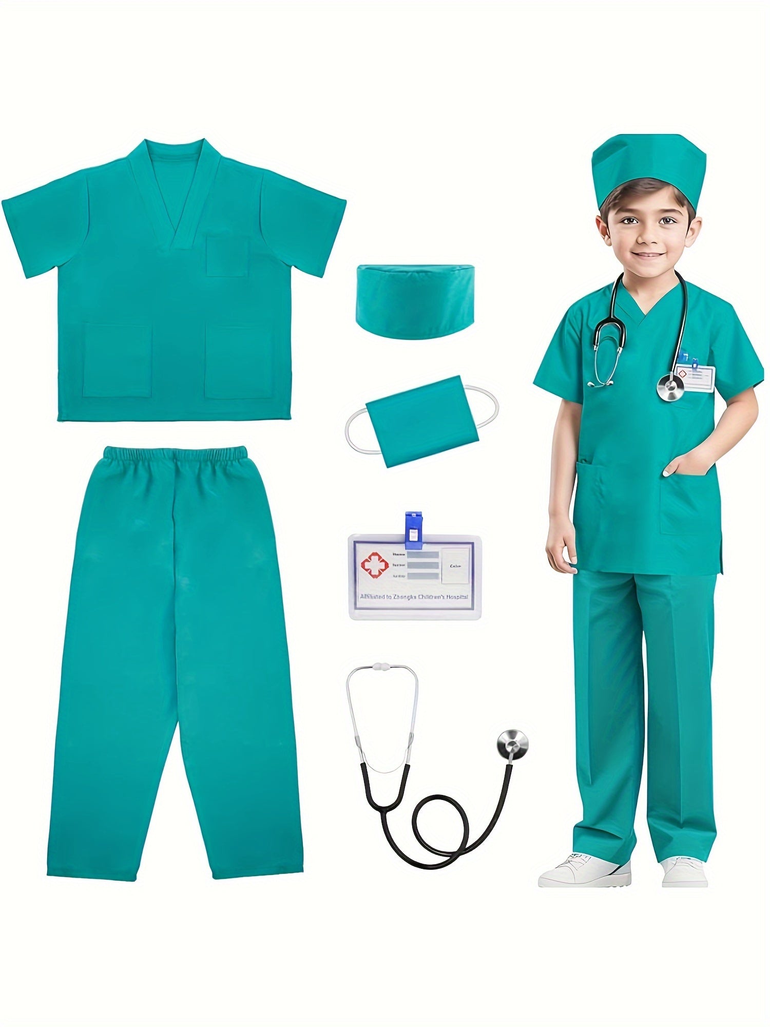 Conjunto de 6 trajes de médico de imitación para niño, camiseta de manga corta, pantalones y accesorios, ideal para Halloween, fiestas de cumpleaños, presentaciones escolares y como regalo.