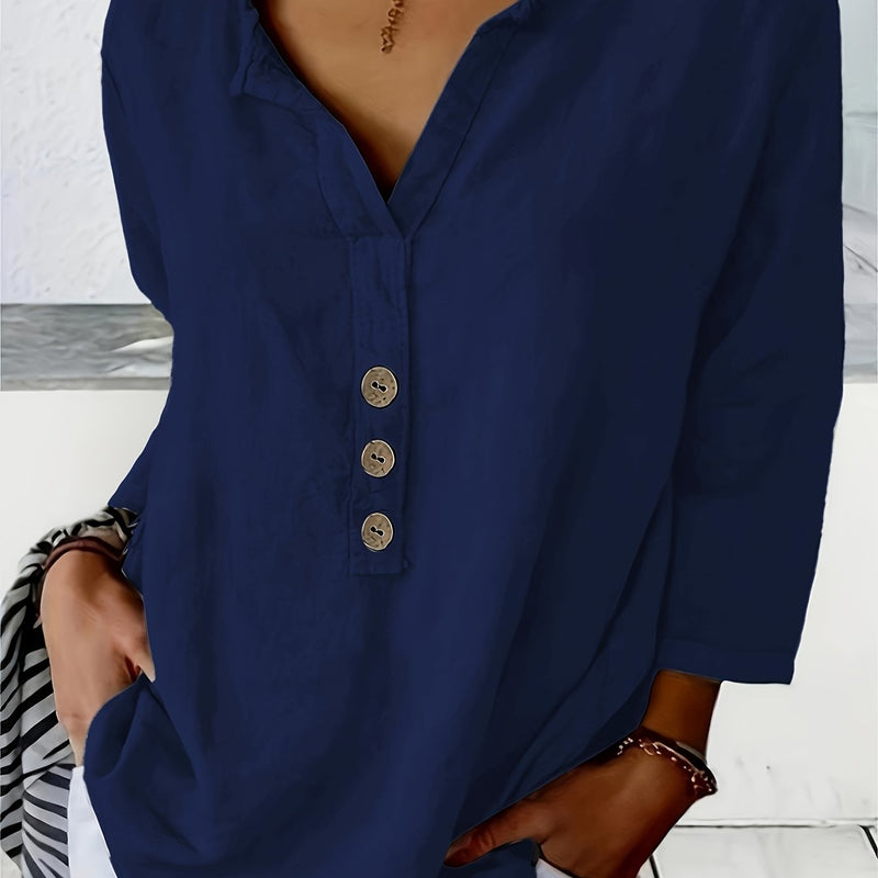 V-Neck Button-Up Top - Loose Fit Solid Color Pullover, Fashionable Casual V-Neck Shirt for Women, Relaxed Fit, Non-Stretch Cotton Linen Blouse