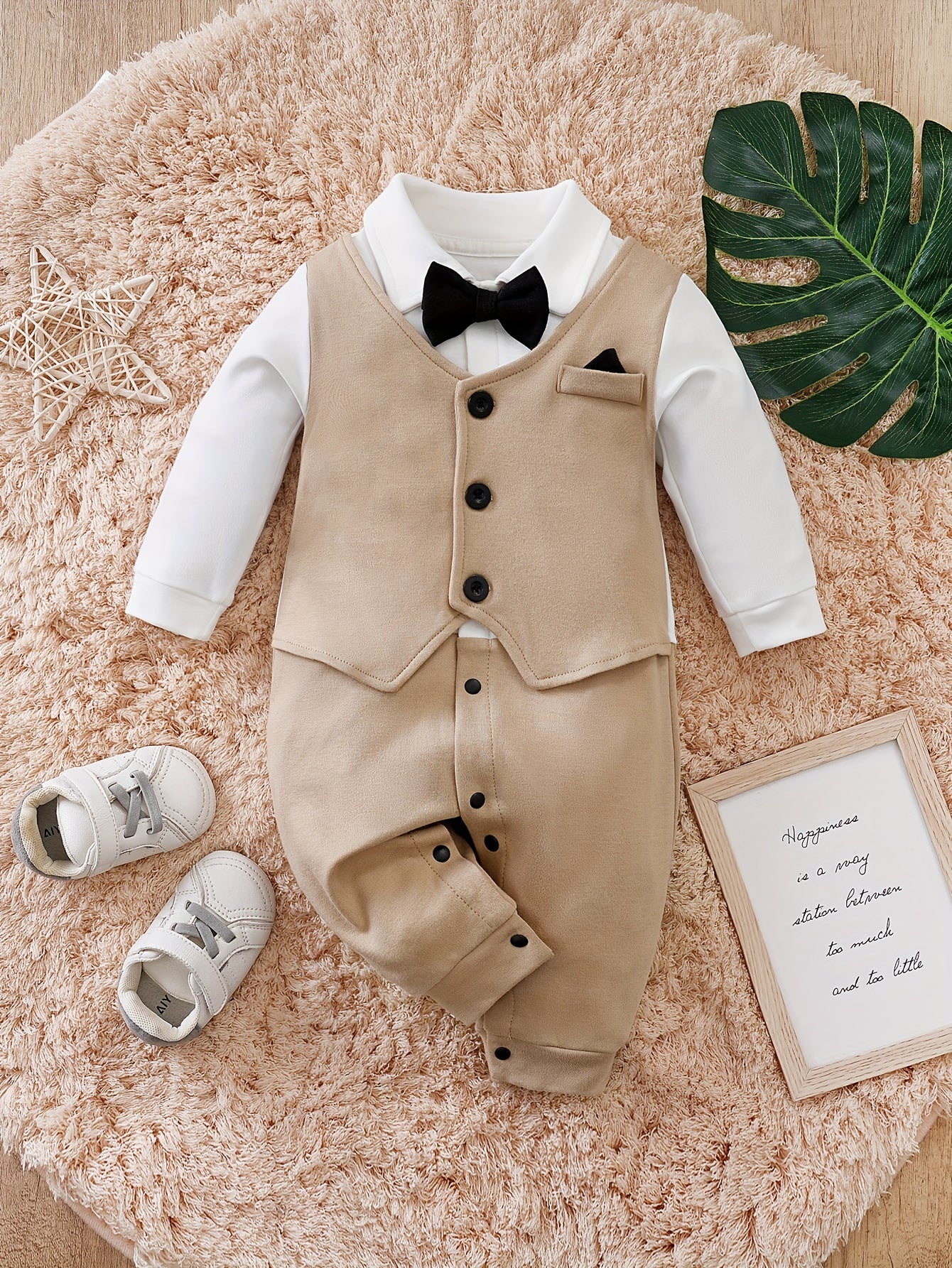 Infant's Bowtie Decor Gentleman Cotton Bodysuit, Comfy Long Sleeve Onesie, Baby Boy's Clothing For Indoor And Outdoor Wear