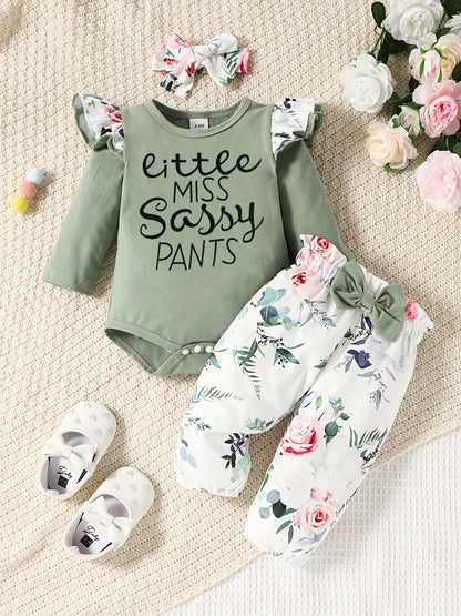 Adorable 3pcs Outfit For Baby Girls - Romper, Ruffle Sleeve Bodysuit, Cartoon Print Pants &amp; Headband Set!