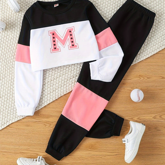 Youngsters's Spring and Autumn Style Letter Print Round Neck Short Long Sleeve Top and Color-Matching Spliced ​​Long Pants Casual Two-Piece Set, Perfect for Outdoor
