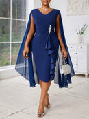 Plus Size, Women's Fashionable and Elegant Batwing Sleeve Mesh Splicing Plus Size Wrap Dress