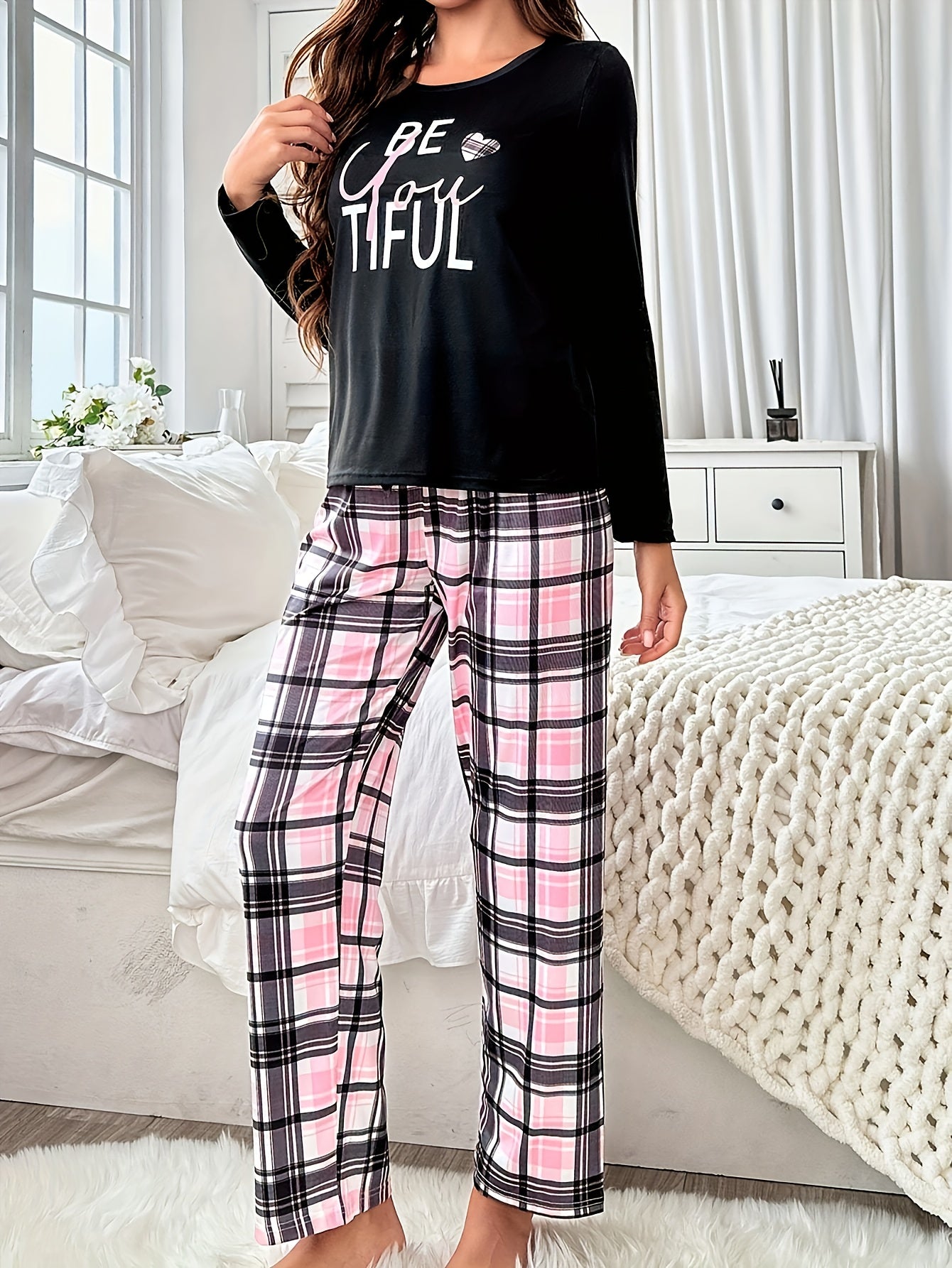 Pijama informal para niñas y adolescentes, con estampado de corazones pequeños, camiseta de manga larga y pantalón a cuadros, cómodo, suave, bonito y bonito.