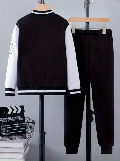Conjunto de 2 piezas de chaqueta universitaria con estampado de letras para niño, chaqueta bomber y pantalón estilo preppy, ropa infantil para otoño e invierno, uso diario y al aire libre, como regalo.