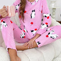 [Home Relaxation] Cozy & Warm Women's Fleece Pajama Set in Green with White Cartoon Rabbit Pattern - Soft Polyester, Anti-Static, Machine Washable - Elegant Home Loungewear with Round Neck Top & Pants for Fall/Winter, Plus Si
