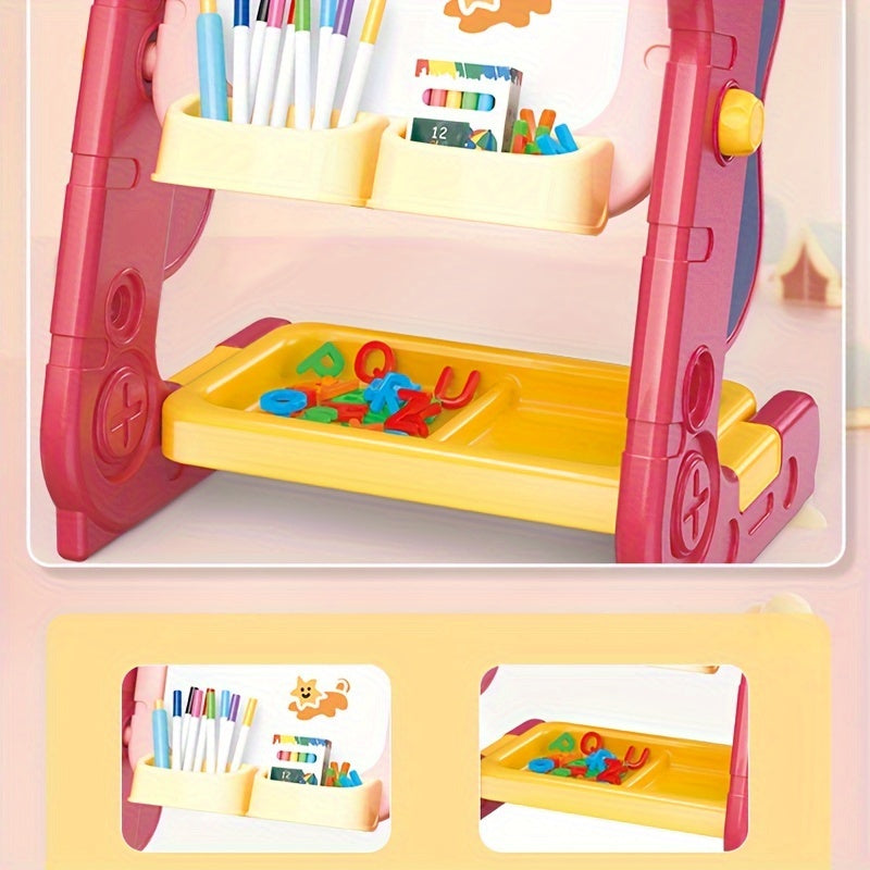 Pizarra magnética 3 en 1 para niños: altura ajustable, doble cara blanca y negra con alfabeto, números, rotuladores y tiza. Caballete creativo y educativo para el aprendizaje temprano.