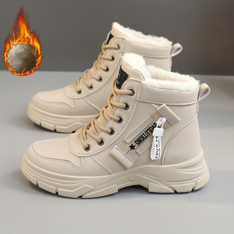 Women's Side Zipper Winter Thermal Snow Boots With Fleece Lining, Height Increased Thick-soled Platform Comfortable Lace-up Mid-tube Boots