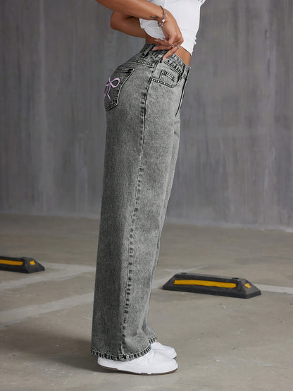 Jeans de mezclilla de moda para niñas HEY+JEANS, corte holgado largo, cintura ajustable, pierna ancha, bordado de mariposa, sin elasticidad, de temporada, cierre de cremallera, pantalones casuales juveniles.