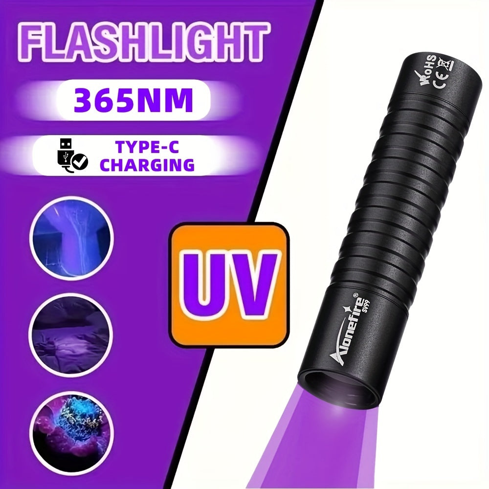 Mini linterna LED UV AloneFire: luz negra dual de 365 nm/395 nm, recargable por USB, linterna de bolsillo de alto brillo para tinta invisible, esmalte de uñas, manchas de mascotas y más.