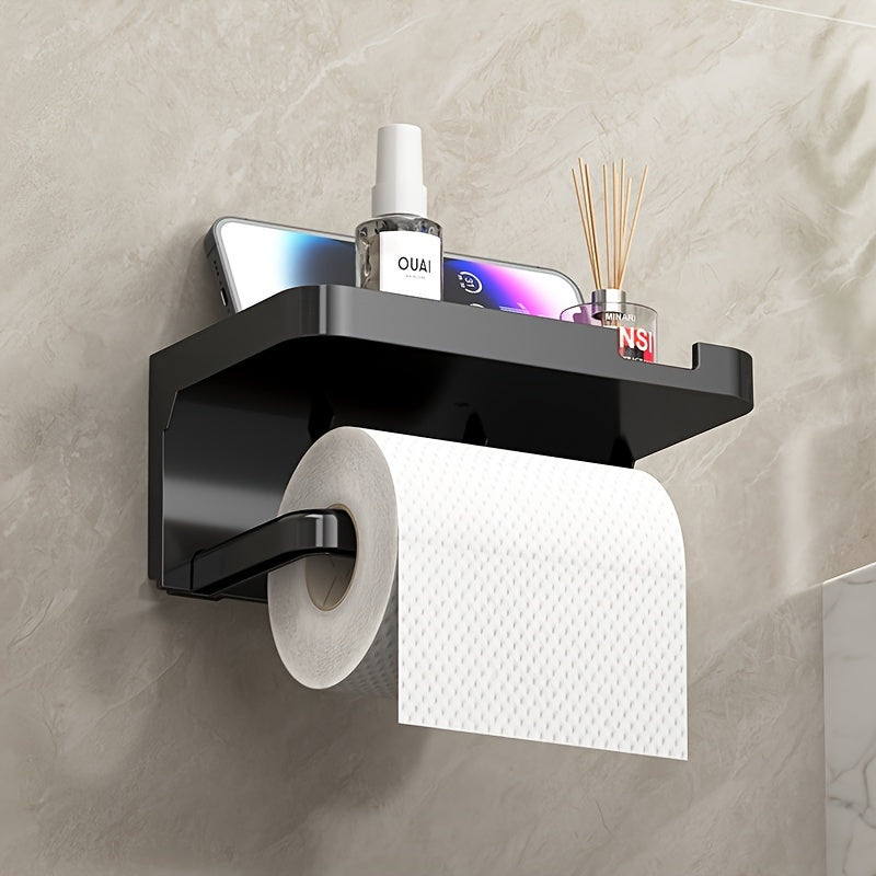 Portarrollos de papel higiénico de pared, fácil de instalar, sin taladros, con soporte para teléfono - Organizador de baño con acabado pulido