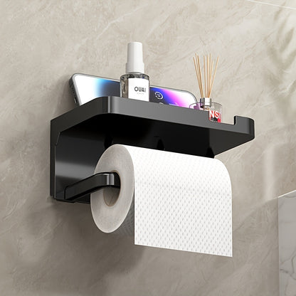 Portarrollos de papel higiénico de pared, fácil de instalar, sin taladros, con soporte para teléfono - Organizador de baño con acabado pulido