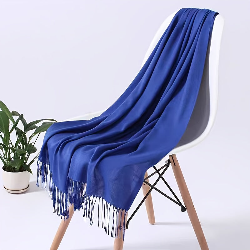 1pc Elegant and simple plain tassel long scarf with warm and versatile thin fabric, suitable for daily wear in all seasons, can also be used as a lady's air-conditioning shawl