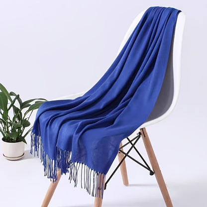 1pc Elegant and simple plain tassel long scarf with warm and versatile thin fabric, suitable for daily wear in all seasons, can also be used as a lady's air-conditioning shawl