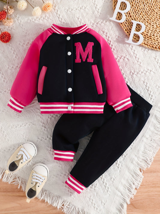 Cute Casual Outfits, Toddler Girls Letter Pattern Baseball Coat Pants Set For Spring And Autumn Outdoor Clothing