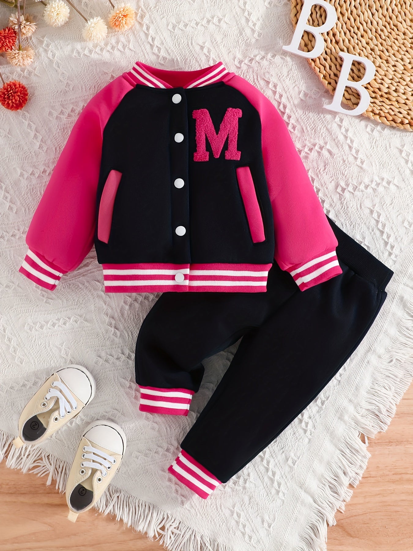Conjuntos casuales bonitos, conjunto de abrigo y pantalón de béisbol con estampado de letras para niñas pequeñas, ropa de exterior para primavera y otoño.