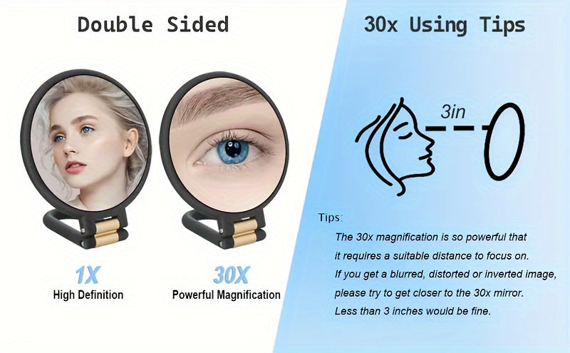Espejo de maquillaje de mano de doble cara con aumento de 1X/30X y mango ajustable 360°. Diseño portátil y plegable para un cuidado preciso. Ideal para viajes. No necesita pilas. Marco negro con detalles dorados. Mini espejo.