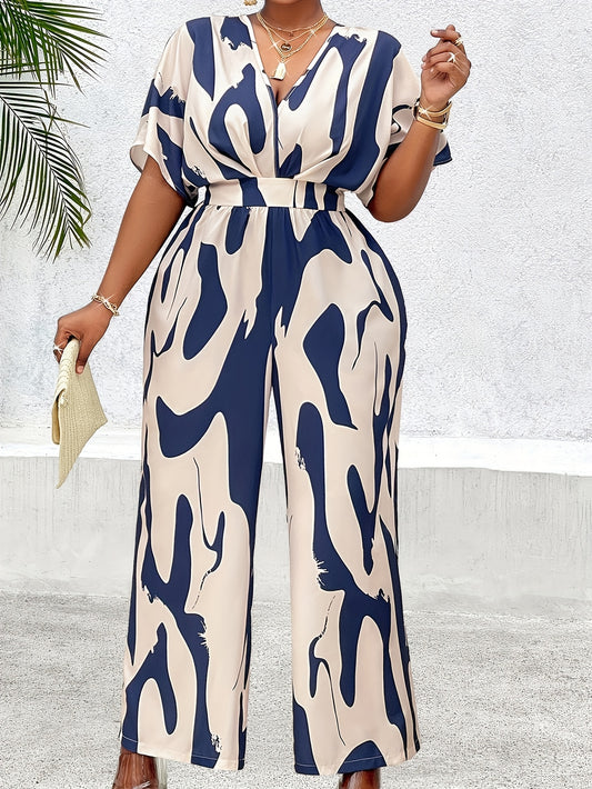 Plus Size, Women's Plus Size Batwing Sleeve Belted Print Jumpsuit