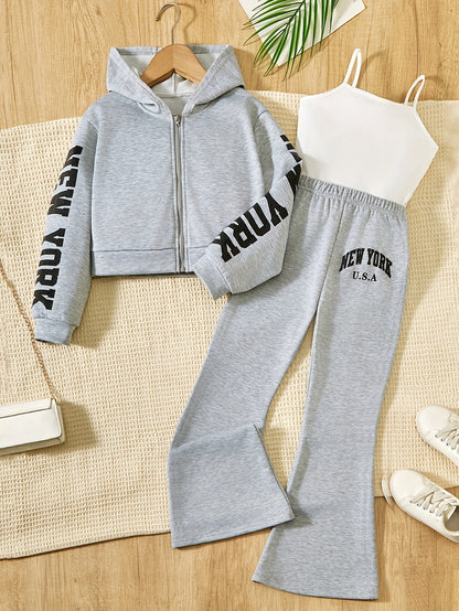 3-Piece Outdoor Sporty Girl's Long Sleeve Zip-up Hoodie + Flared Trousers With Camisole Set - Versatile Comfy For Spring/ Fall Casual Wear, Gift Idea