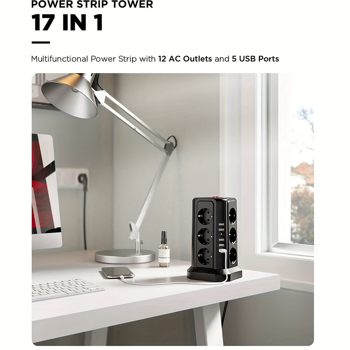 Tower Multi Power Strip Vertical EU Plug 12 Way Outlets Sockets With 5 USB Switch Multiple Vertical Power Strip 2 Switches Multi Socket Power Strip, Surge Protection And Short Circuit Protection