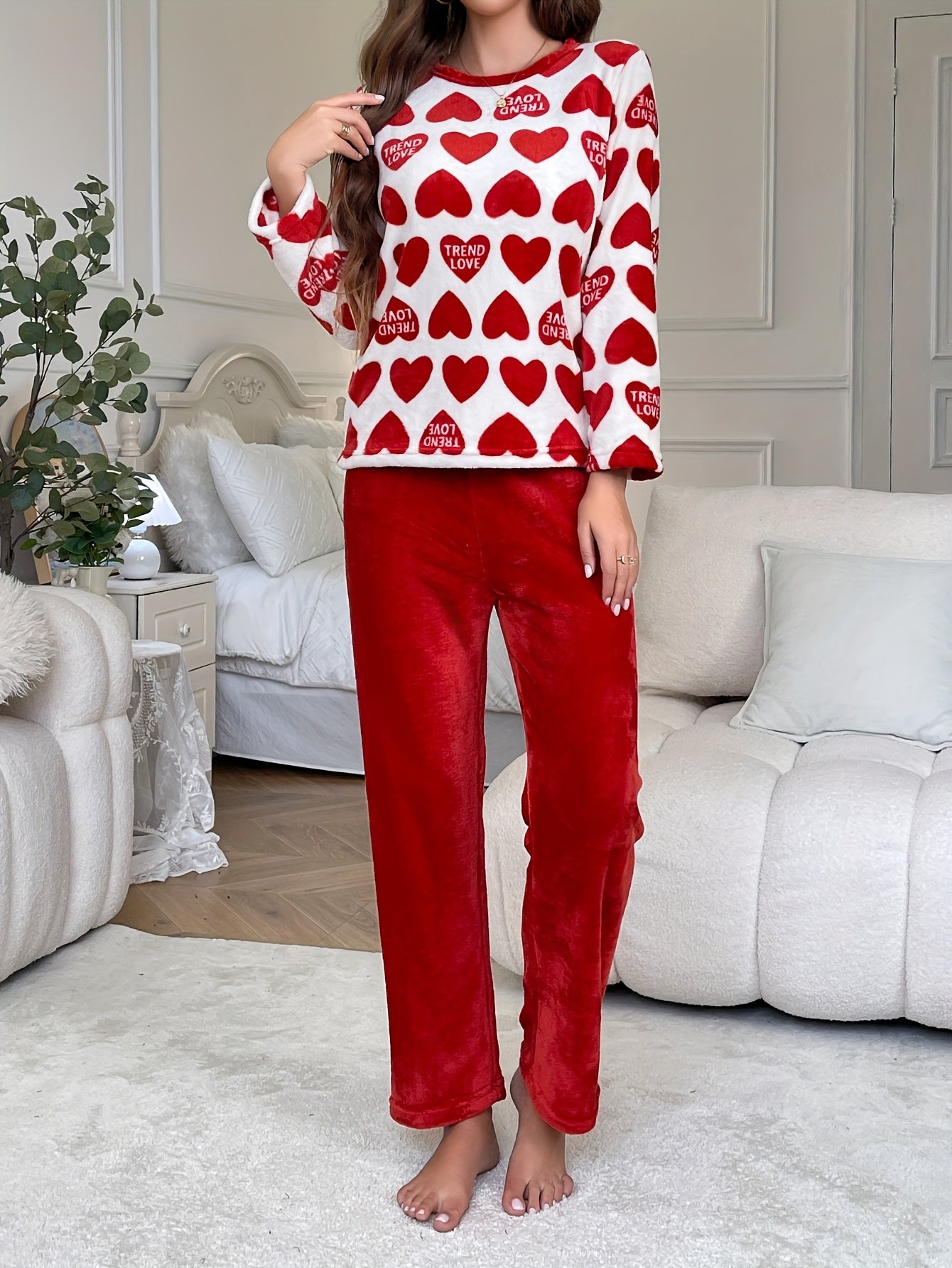 Women'S Polyester 100% Knit Pajama Sets - Casual Crew Neck Long Sleeve Top and Pants with Pattern Detail, Cozy Flannel Loungewear for Fall/Winter