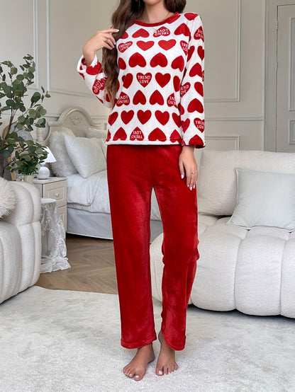Women'S Polyester 100% Knit Pajama Sets - Casual Crew Neck Long Sleeve Top and Pants with Pattern Detail, Cozy Flannel Loungewear for Fall/Winter