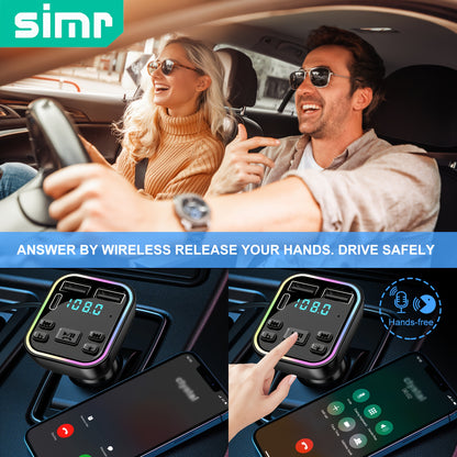 SIMR Wireless FM Transmitter Car Charger, Dual USB &amp; Type-C, 3.1A Fast Charging, MP3 Player, Hands-Free Calling, Audio Receiver with Ambient Light, USB Type-C Connector, Matte Finish, Female to Male Adapter