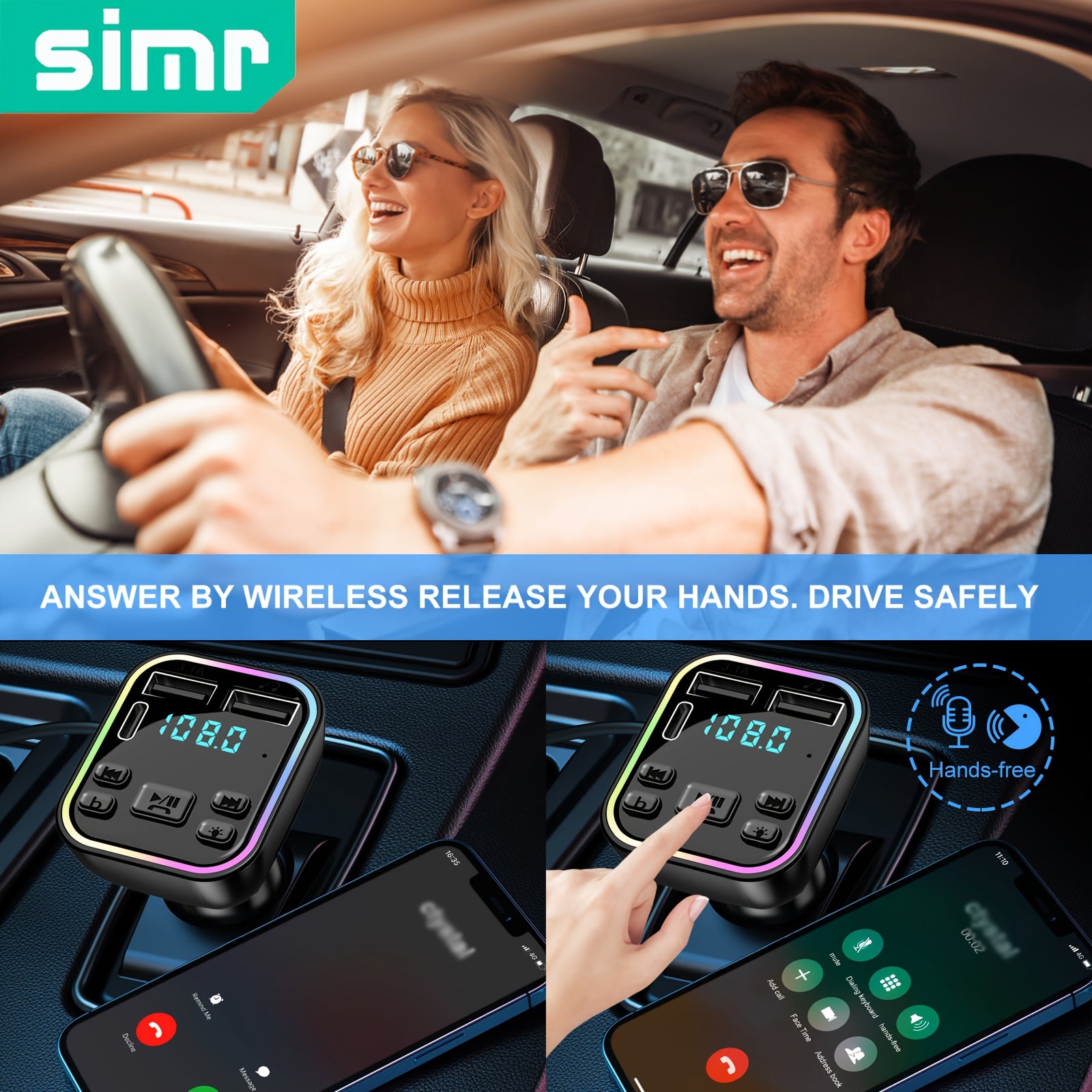 Cargador de coche con transmisor FM inalámbrico SIMR, doble USB y tipo C, carga rápida de 3,1 A, reproductor de MP3, manos libres, receptor de audio con luz ambiental, conector USB tipo C, acabado mate, adaptador hembra a macho.