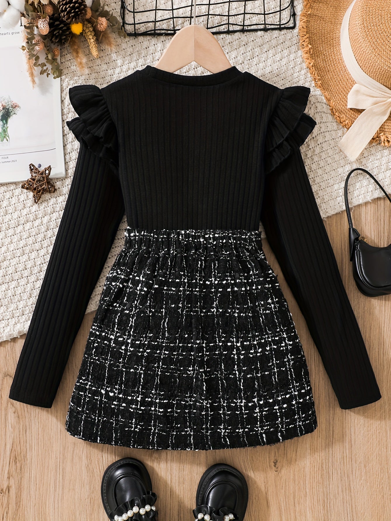 Conjunto de 2 piezas: top de manga larga con volantes y falda de punto de tweed - Ropa de primavera/otoño, atuendo para niñas al aire libre, regalo