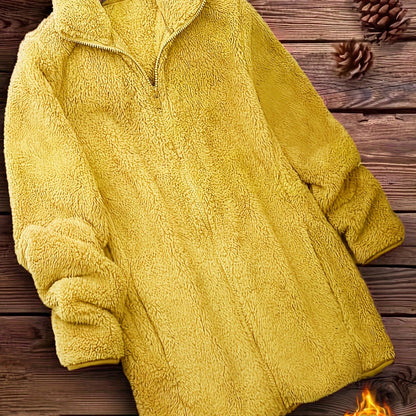 Plus Size Solid Color Fuzzy Coat, Casual Zipper Front Long Sleeve Warm Outerwear For Fall & Winter, Women's Plus Size Clothing