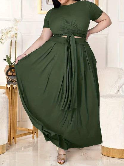 Plus Size Women's Solid Color Cross Tie Maxi Skirt Set, Casual Polyester Knit Dress with Short Sleeves, Round Neck, Pullover, Elastic Fabric, Fashionable Two-Piece Outfit