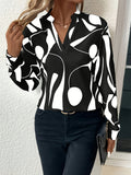 Geo Print V Neck Blouse, Casual Long Sleeve Blouse For Spring &amp; Fall, Women's Clothing