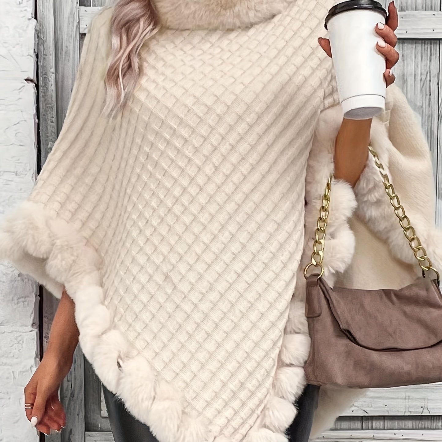 Women's Elegant Cream-Colored Knit Sweater with Faux Fur Trim - High Neck, Batwing Sleeves, Cozy Autumn/Winter Pullover Shawl Cape, Autumn Wardrobe Accessory|High Neck Pullover|Plush Lining