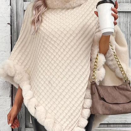 Women's Elegant Cream-Colored Knit Sweater with Faux Fur Trim - High Neck, Batwing Sleeves, Cozy Autumn/Winter Pullover Shawl Cape, Autumn Wardrobe Accessory|High Neck Pullover|Plush Lining