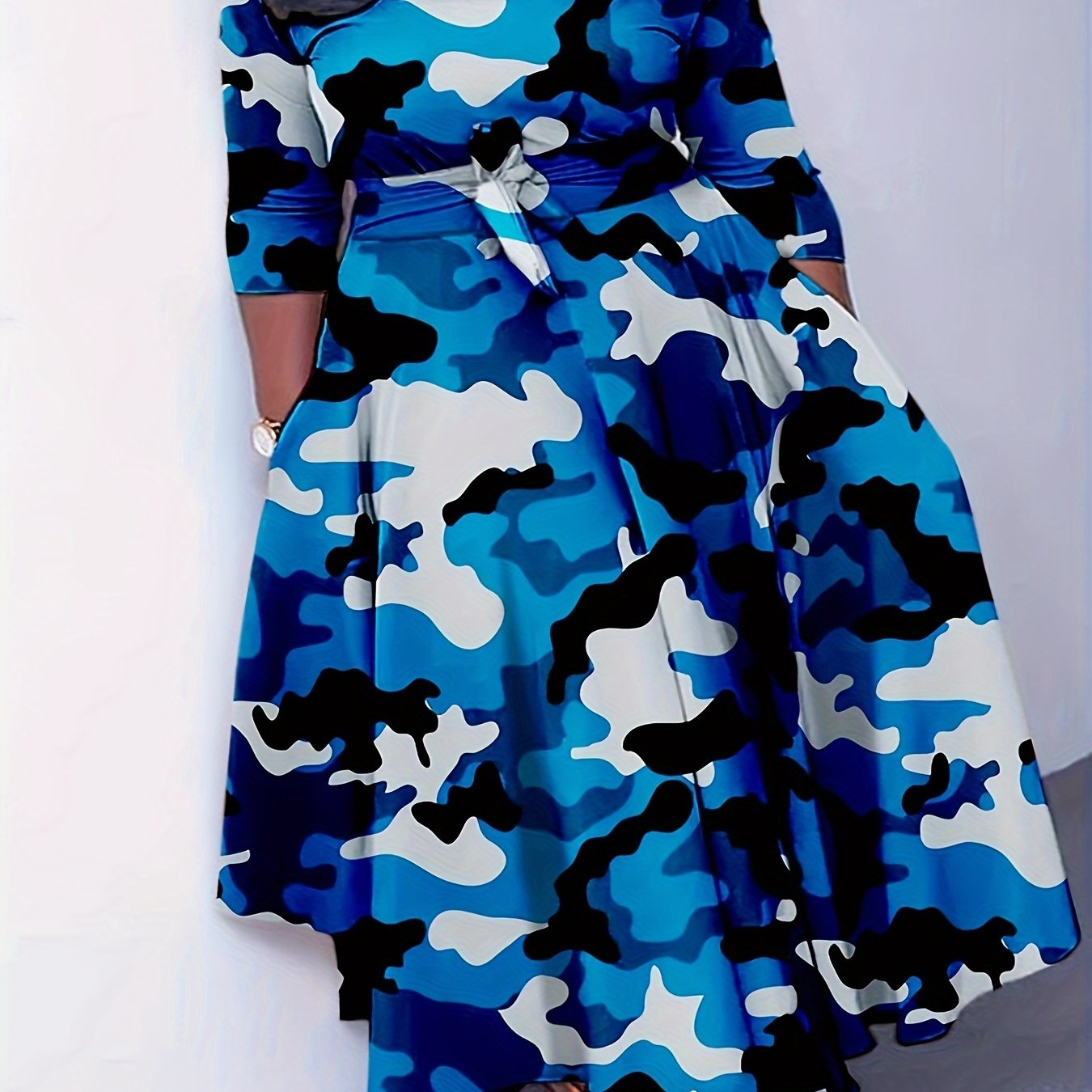 Elegant Women's Plus-Size Dress with Tie Waist, Casual Fashionable Long Sleeve Camouflage Print Knit Fabric with Pocket, X-Shape Fit, Round Neck, Straight Hem, No Bra Pad - Spring/Summer/Autumn
