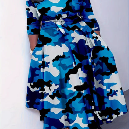 Elegant Women's Plus-Size Dress with Tie Waist, Casual Fashionable Long Sleeve Camouflage Print Knit Fabric with Pocket, X-Shape Fit, Round Neck, Straight Hem, No Bra Pad - Spring/Summer/Autumn