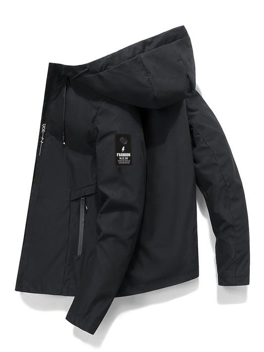 Chaqueta cortavientos informal con capucha para hombre: poliéster ligero e impermeable, con cremallera, color liso y bolsillos | Versátil para todas las estaciones
