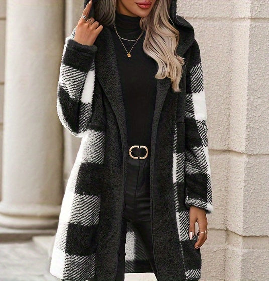 Plaid Pattern Open Front Fuzzy Coat, Elegant Long Sleeve Hooded Warm Outerwear For Fall & Winter, Women's Clothing